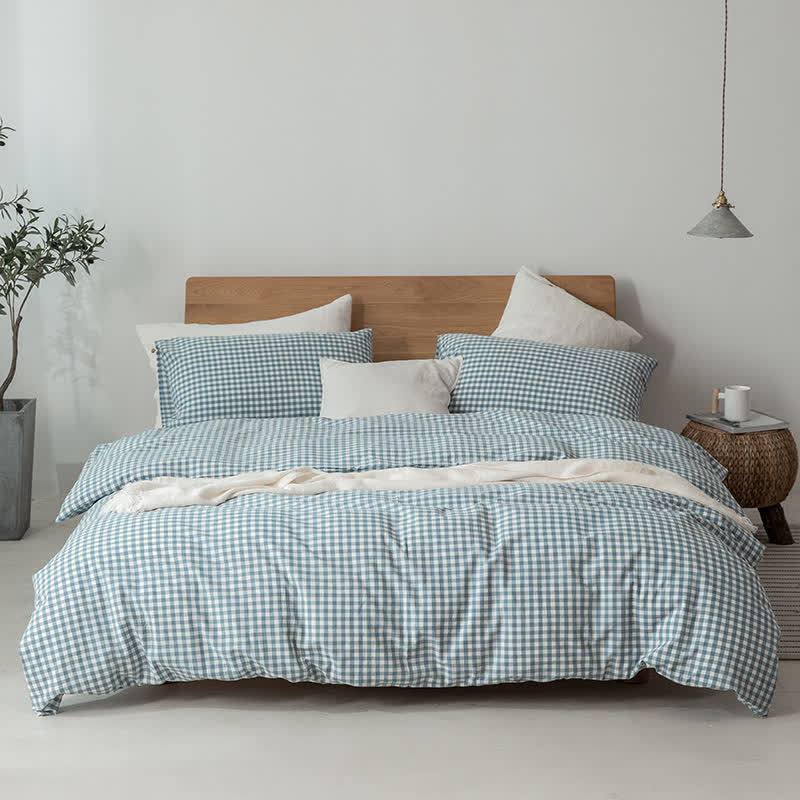 Cotton Plaid Duvet Cover Dorm Bedding Set