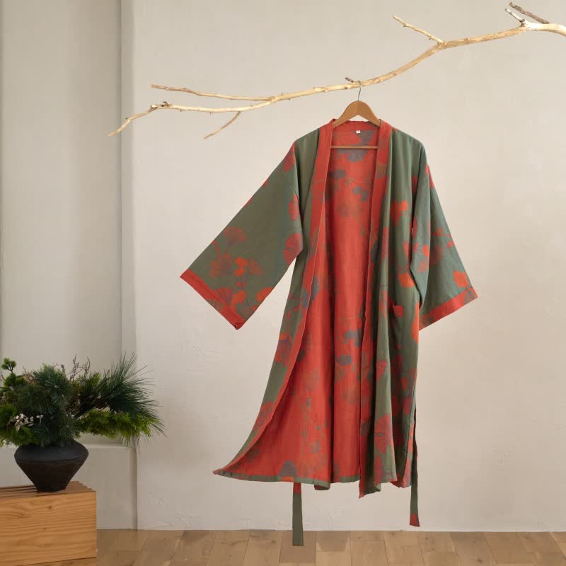 Ownkoti Large Ginkgo Leaf Cotton Kimono Robe - Green & Orange - XL - image 17
