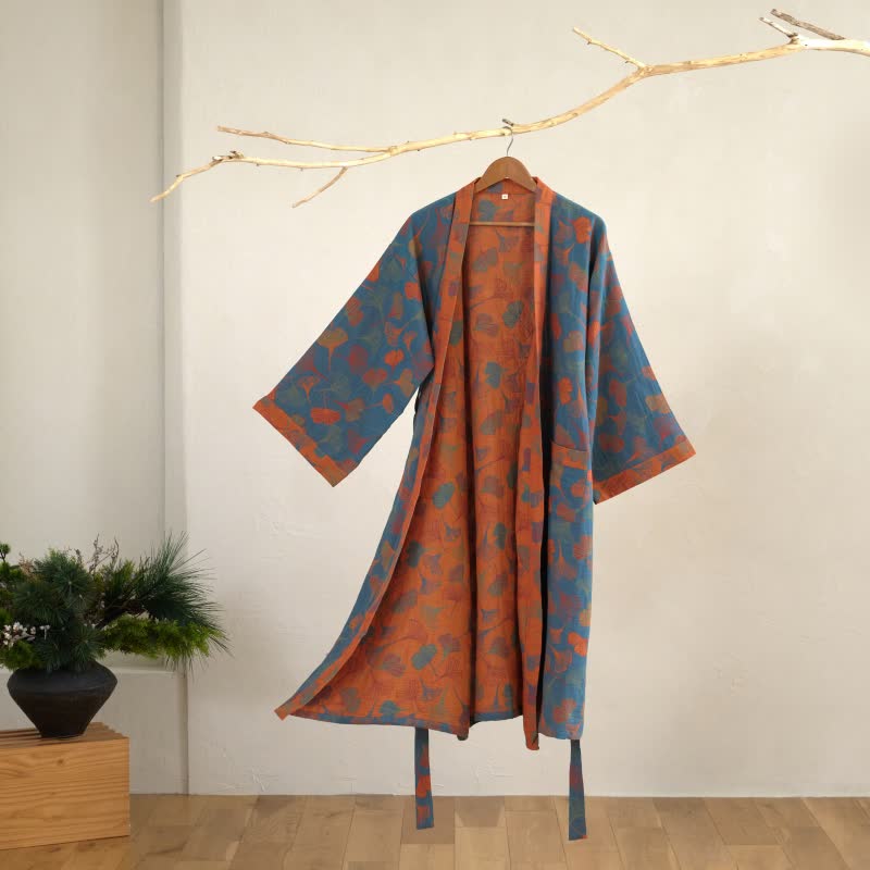Ownkoti Ginkgo Biloba Cotton Gauze Kimono Robe - Blue - 2XL - image 13