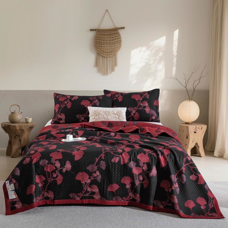 Orange Ginkgo Leaf Cotton Reversible Quilt