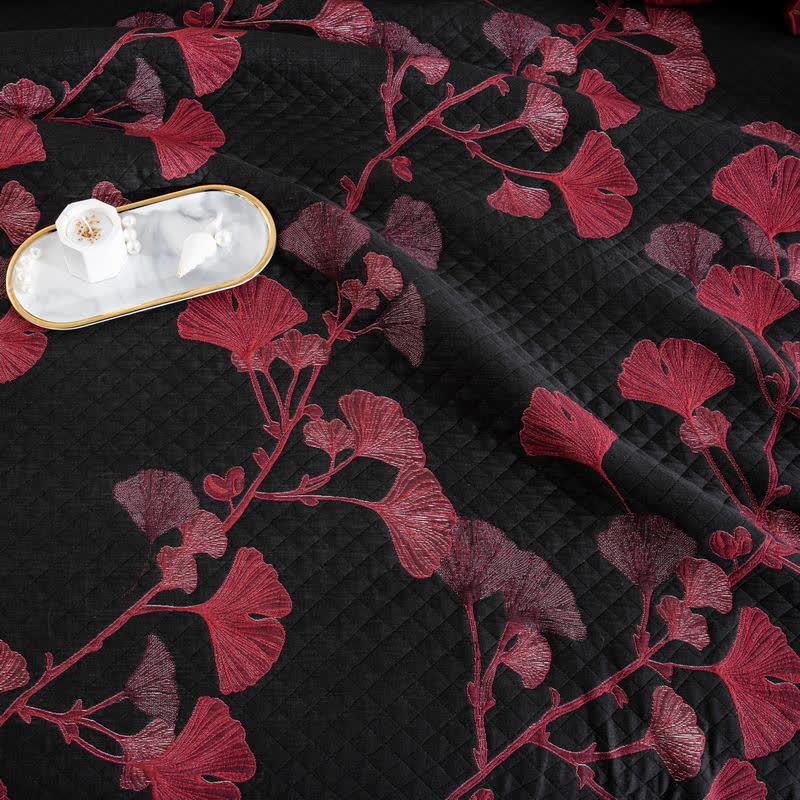 Orange Ginkgo Leaf Cotton Reversible Quilt