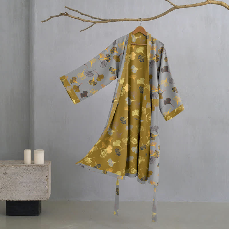 Ownkoti Ginkgo Biloba Cotton Gauze Kimono Robe - Light Grey - 2XL - image 14