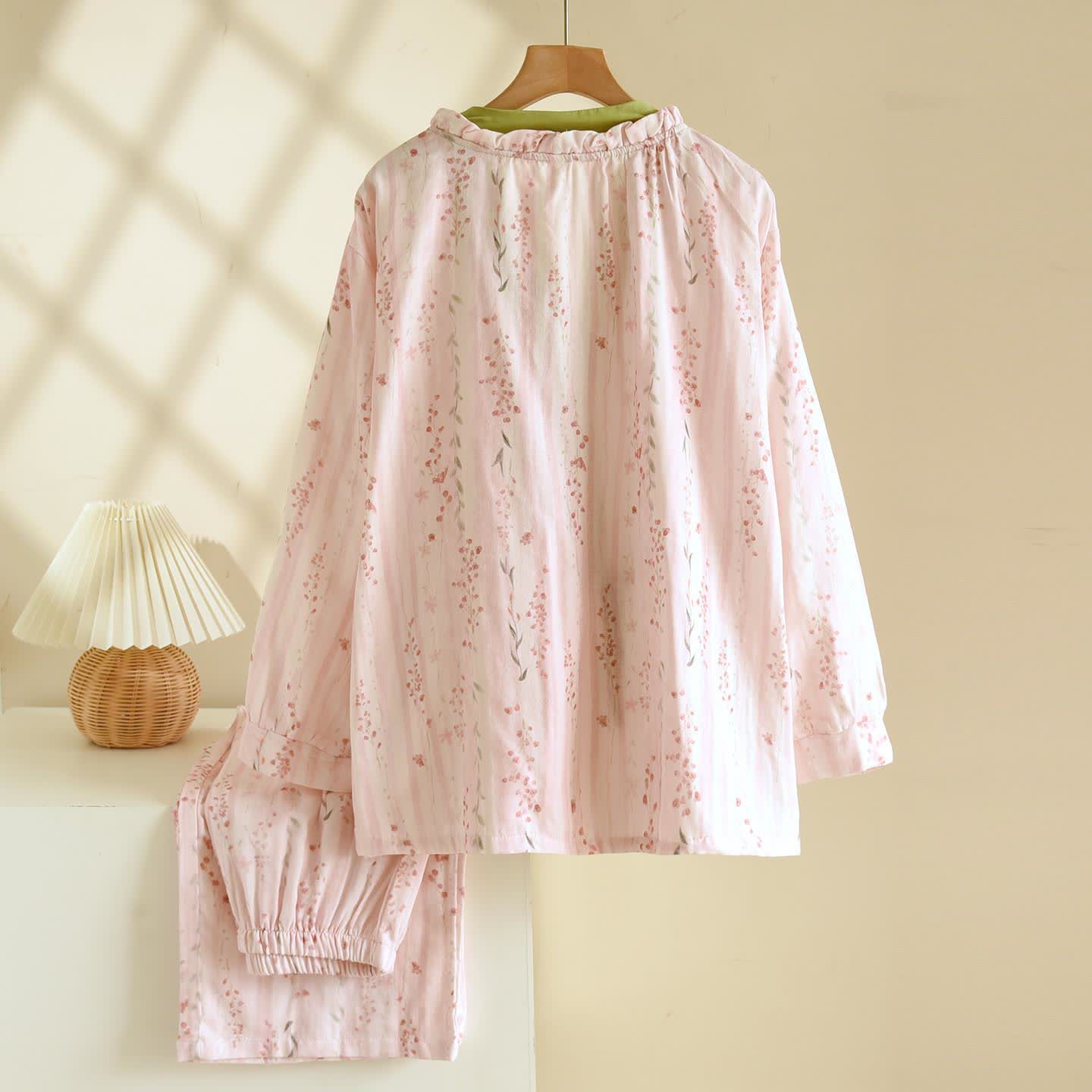 Pink Striped Floral Kimono Loungewear Set