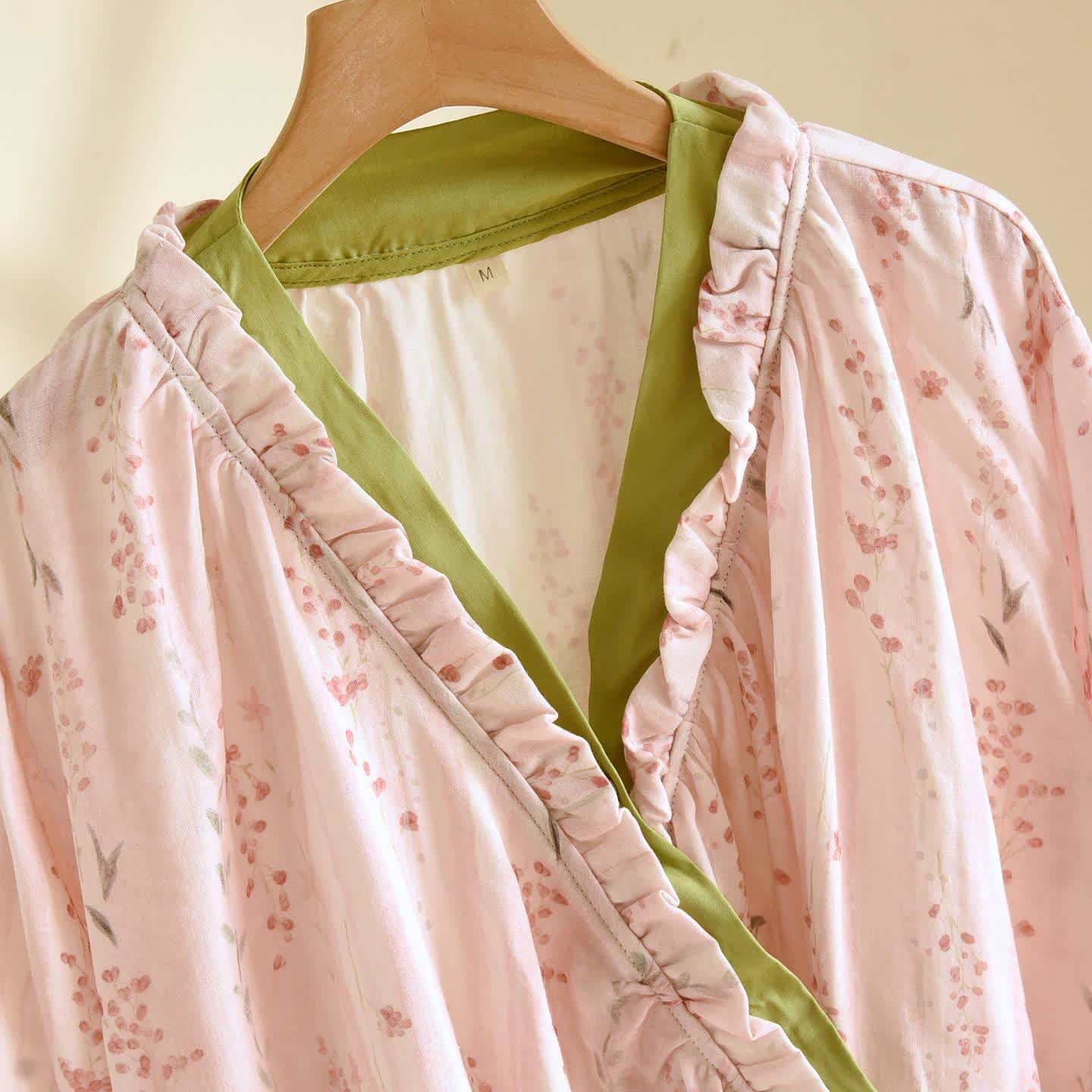Pink Striped Floral Kimono Loungewear Set