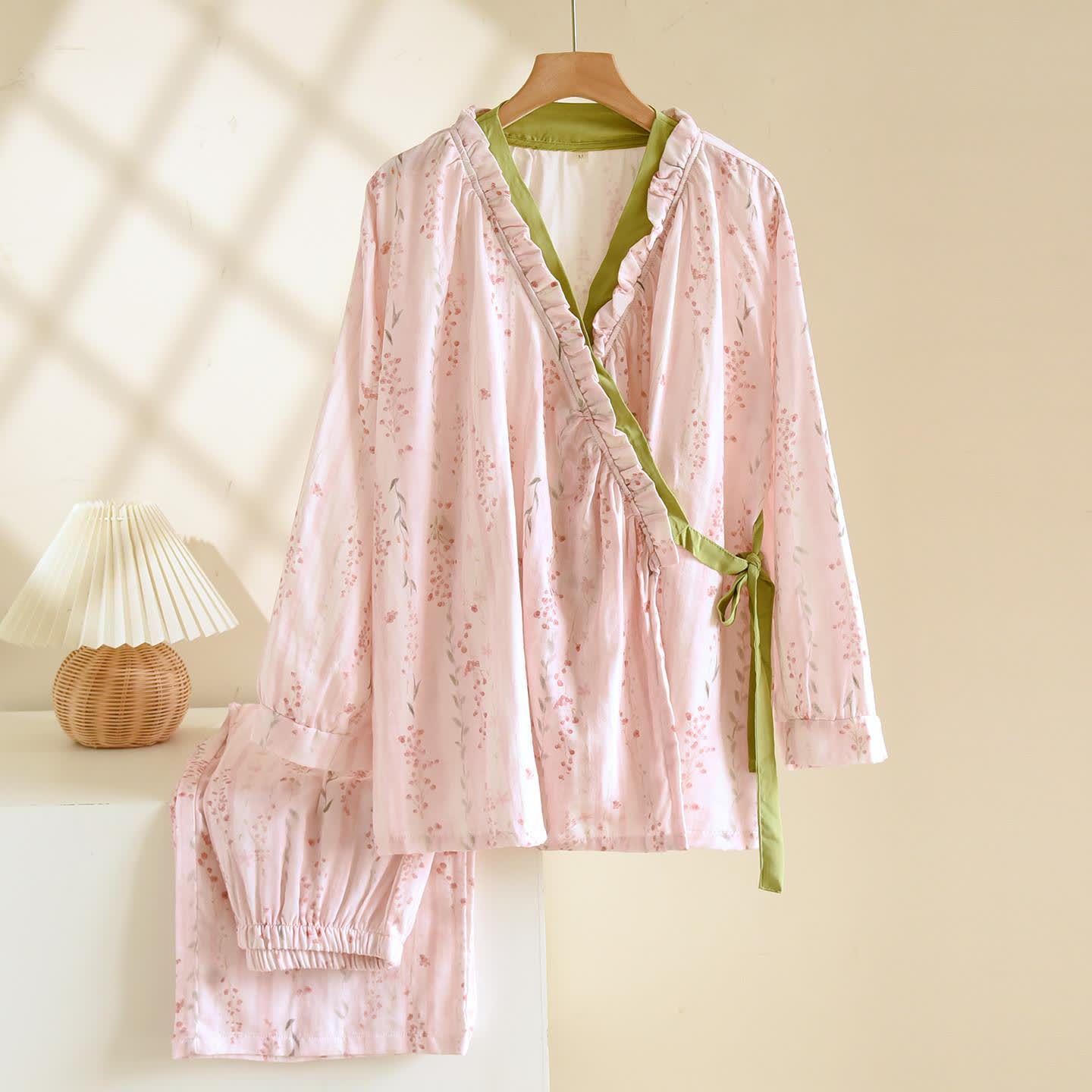 Pink Striped Floral Kimono Loungewear Set