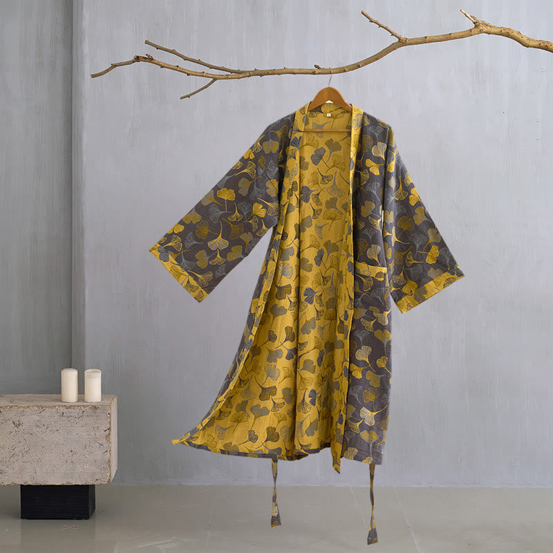 Ownkoti Ginkgo Biloba Cotton Gauze Kimono Robe - Dark Grey - XL - image 22