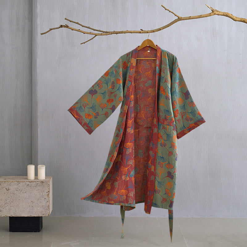 Ownkoti Ginkgo Biloba Cotton Gauze Kimono Robe - Dark Green - XL - image 20