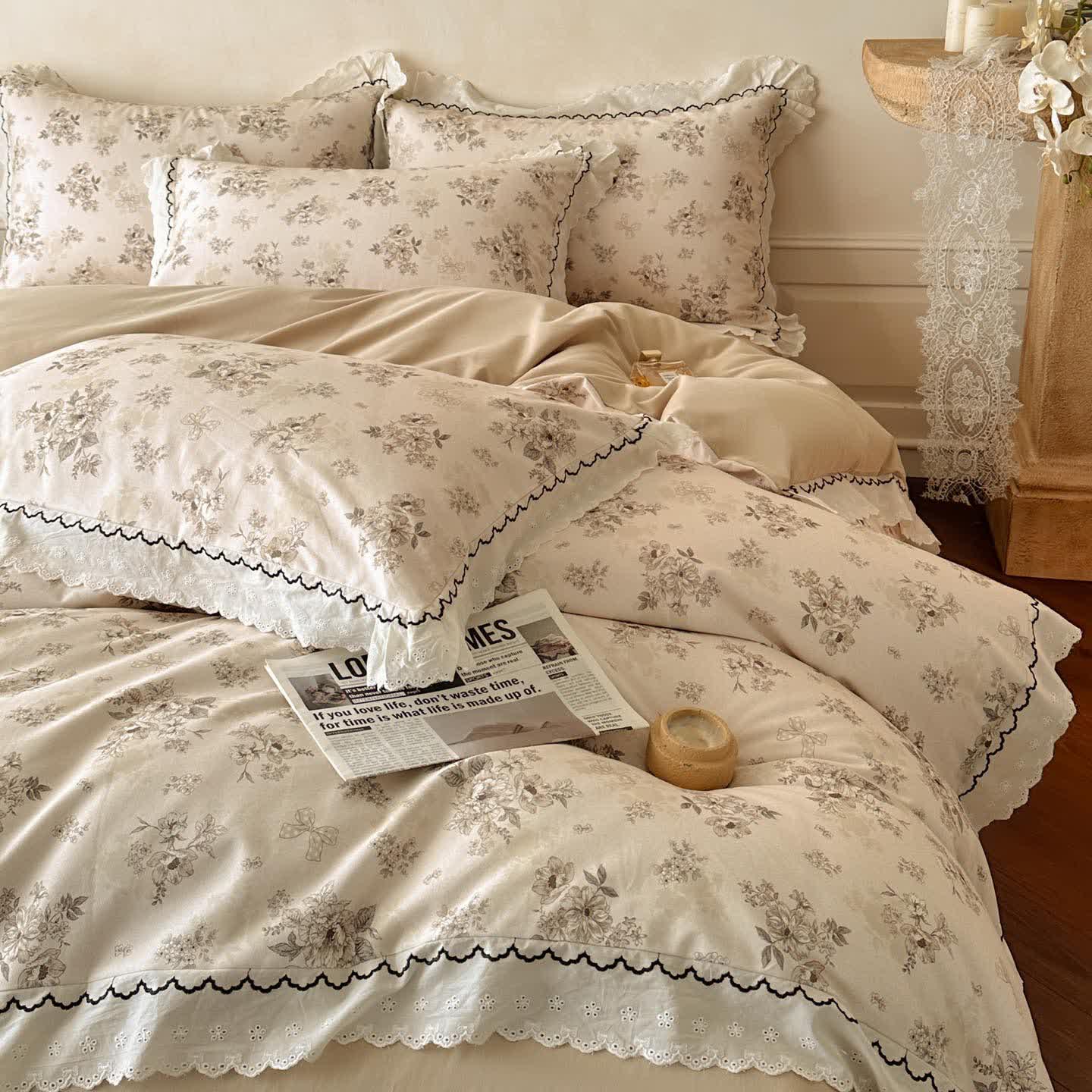 Ruffled Floral Cotton Bedding Set
