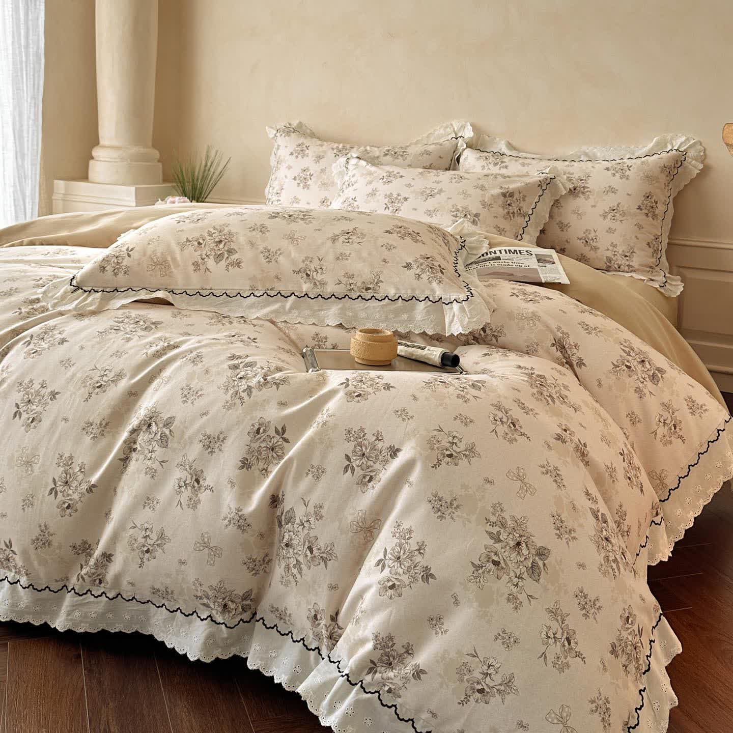 Ruffled Floral Cotton Bedding Set