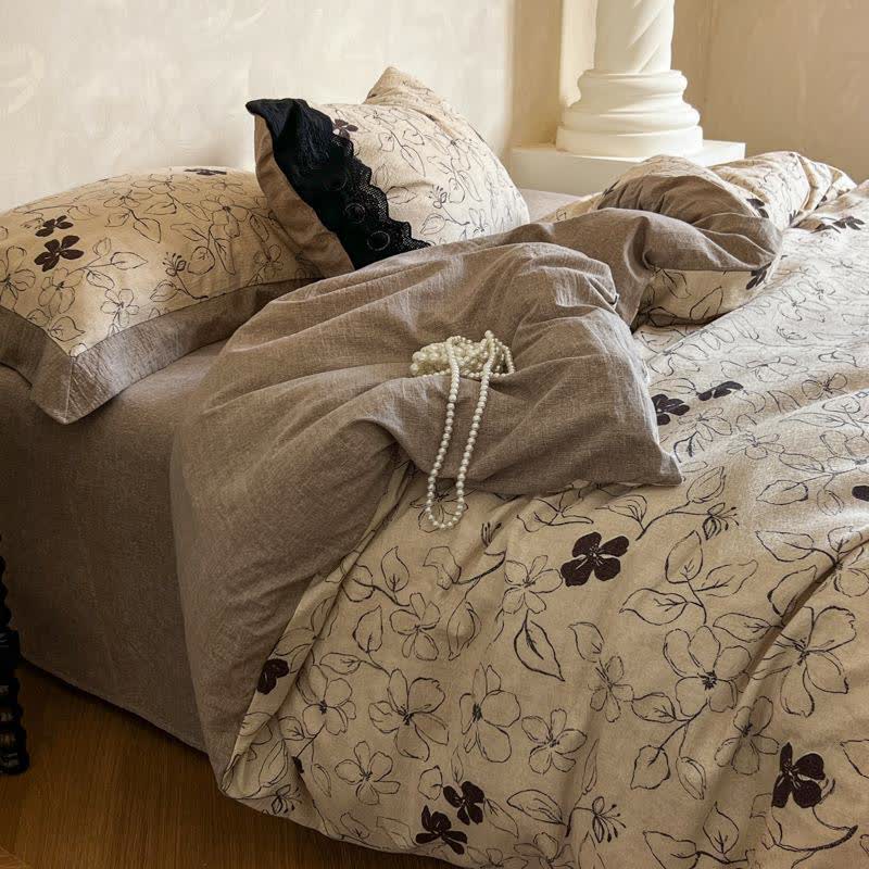 Line Art Floral Linen Bedding Set(4PCS)