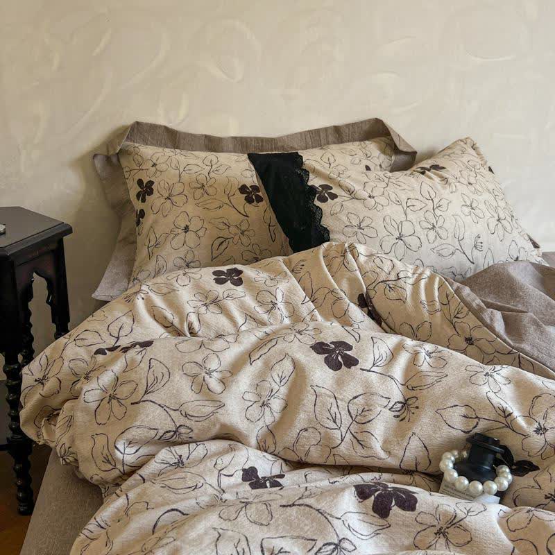 Line Art Floral Linen Bedding Set(4PCS)
