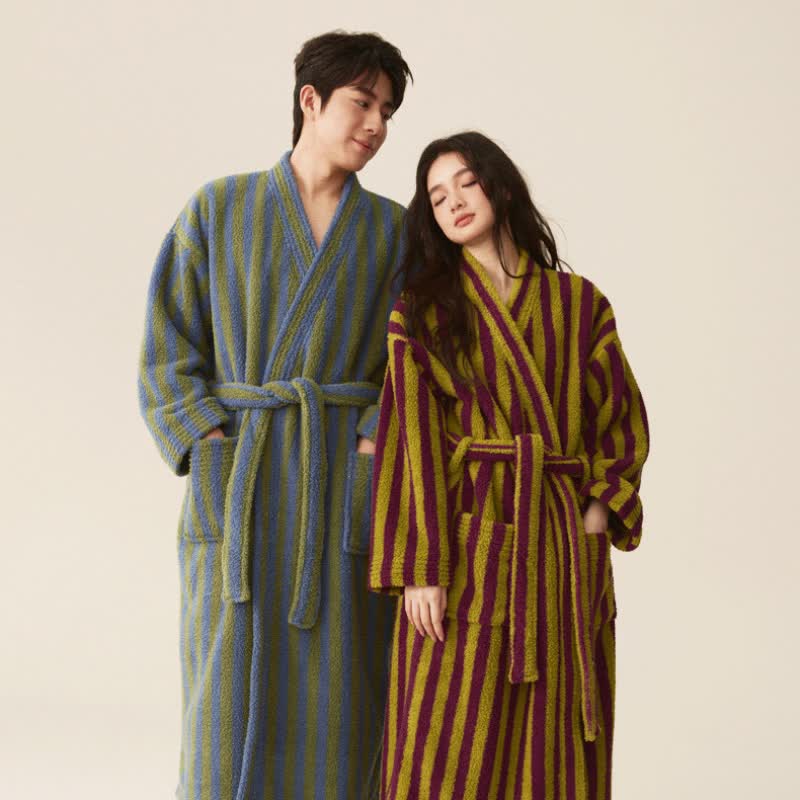 Winter Fleece Modern Stripe Long Bathrobe