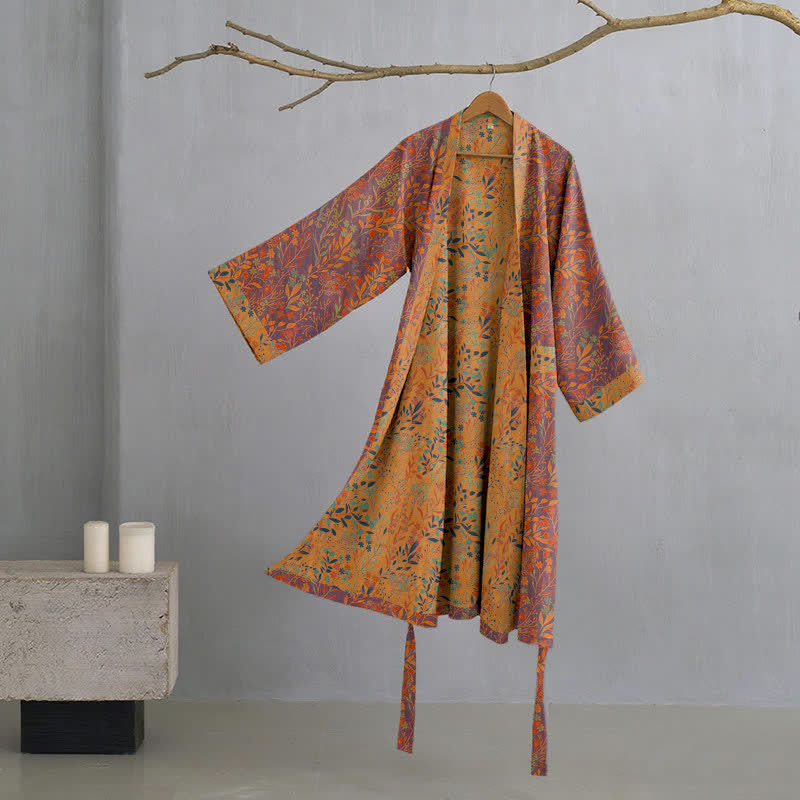 Ownkoti Vintage Leaf Cotton Gauze Kimono Robe - Grey & Orange - XL - image 5