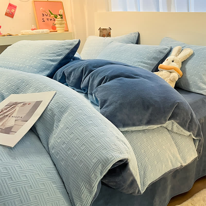 Ownkoti Plaid Textured Plush Bedding Set(4PCS) - Blue - King - image 10