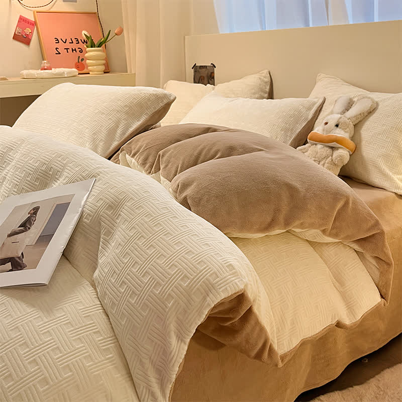 Ownkoti Plaid Textured Plush Bedding Set(4PCS) - White & Coffee - King - image 9