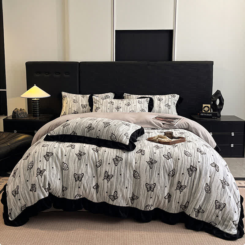 Butterfly Ruffled Plush Bedding Set(4PCS)
