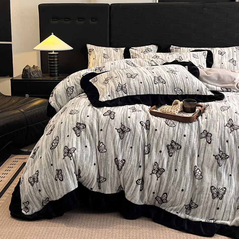 Butterfly Ruffled Plush Bedding Set(4PCS)
