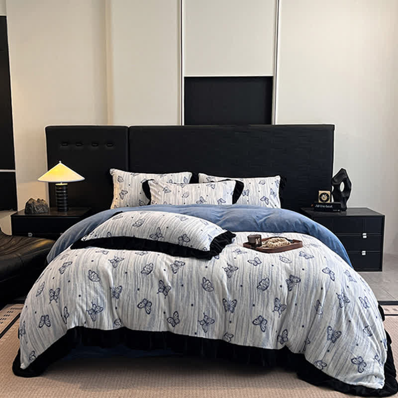 Butterfly Ruffled Plush Bedding Set(4PCS)