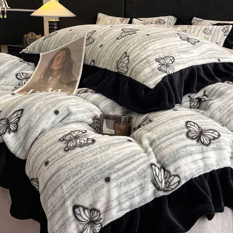 Butterfly Ruffled Plush Bedding Set(4PCS)
