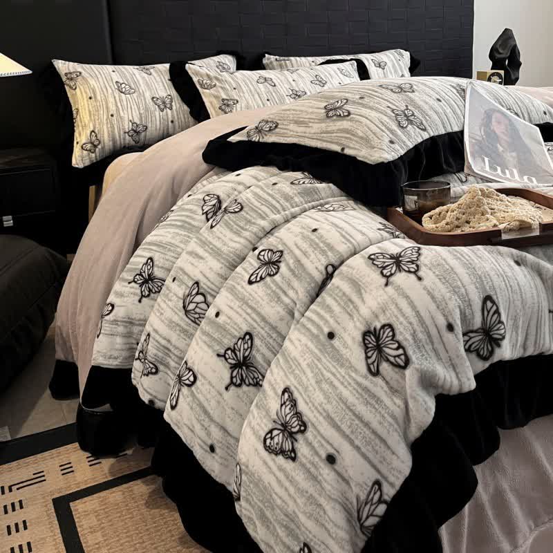 Butterfly Ruffled Plush Bedding Set(4PCS)