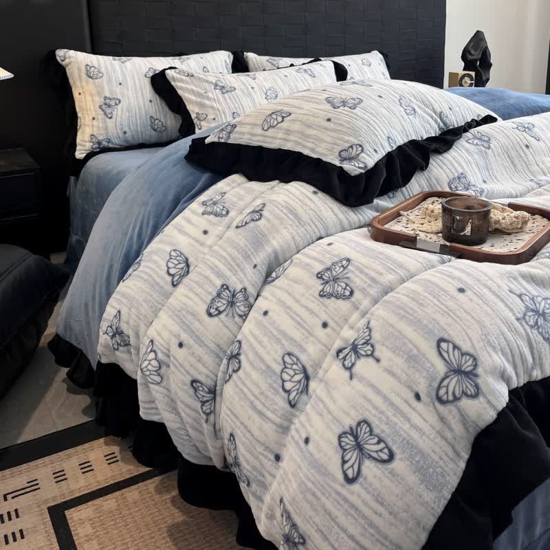 Butterfly Ruffled Plush Bedding Set(4PCS)