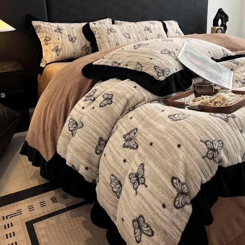 Butterfly Ruffled Plush Bedding Set(4PCS)