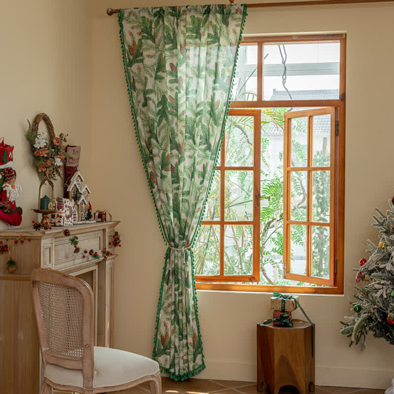 Pinecone Leaf Print Tassel Curtain