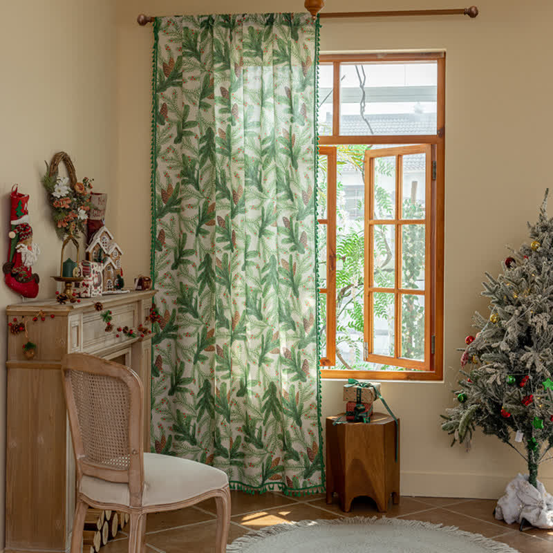 Pinecone Leaf Print Tassel Curtain