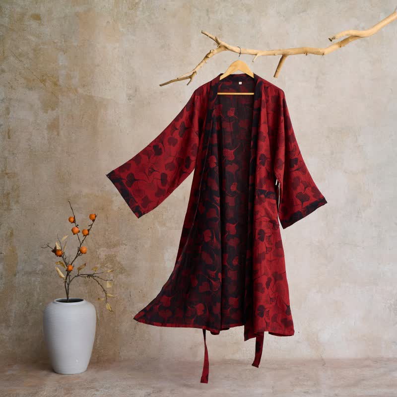 Ownkoti Ginkgo Biloba Cotton Gauze Kimono Robe - Red & Black - 2XL - image 17