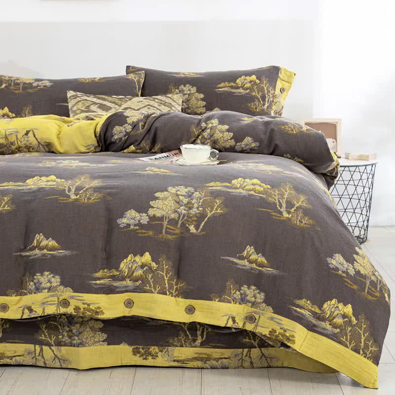 Landscape Print Cotton Gauze Jacquard Bedding Set(4pcs)