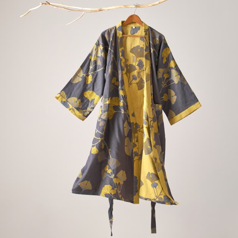 Ownkoti Cotton Gauze Ginkgo Kimono Robe - Dark Grey - XL - image 26