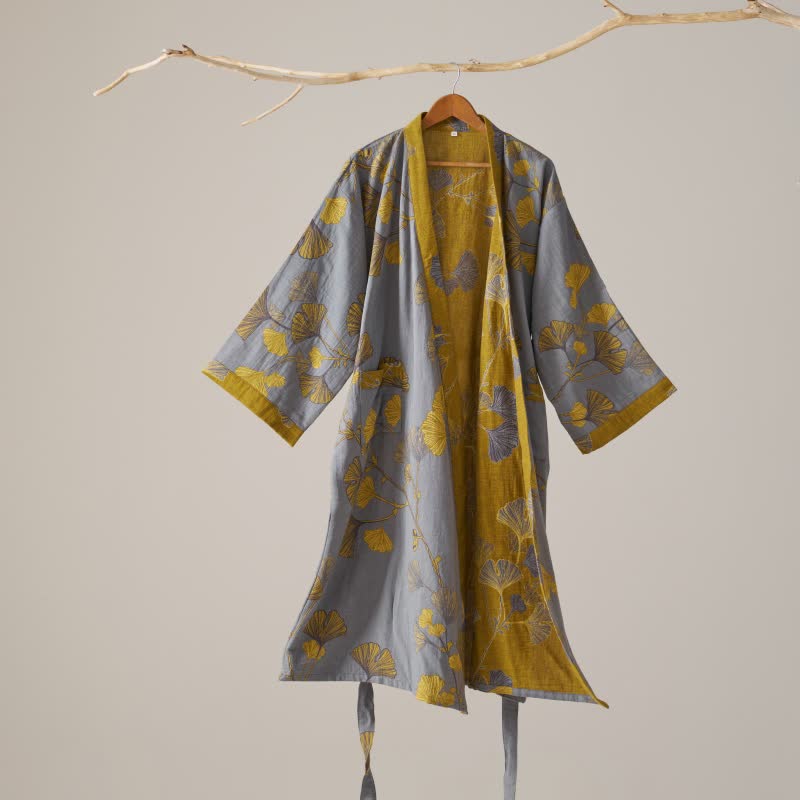 Ownkoti Cotton Gauze Ginkgo Kimono Robe - Light Gray - XL - image 32