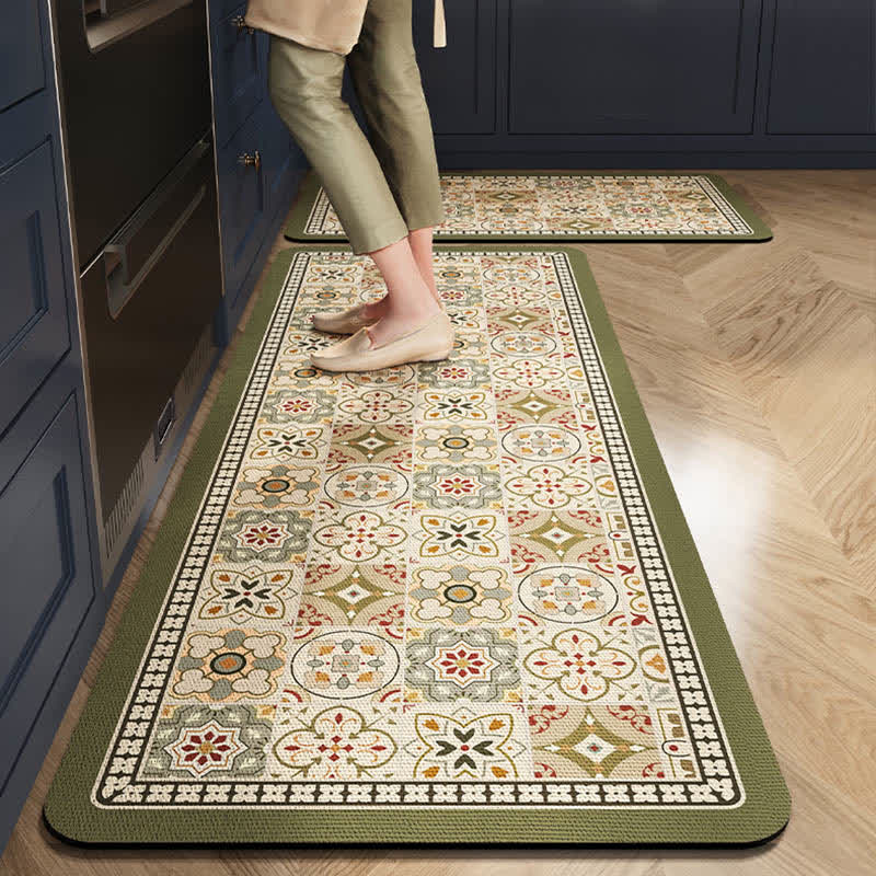 Retro Green Geometric Pattern Kitchen Rug