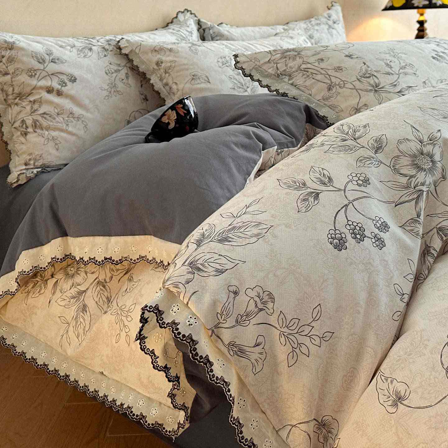 Brushed Cotton Floral Lace Bedding Set