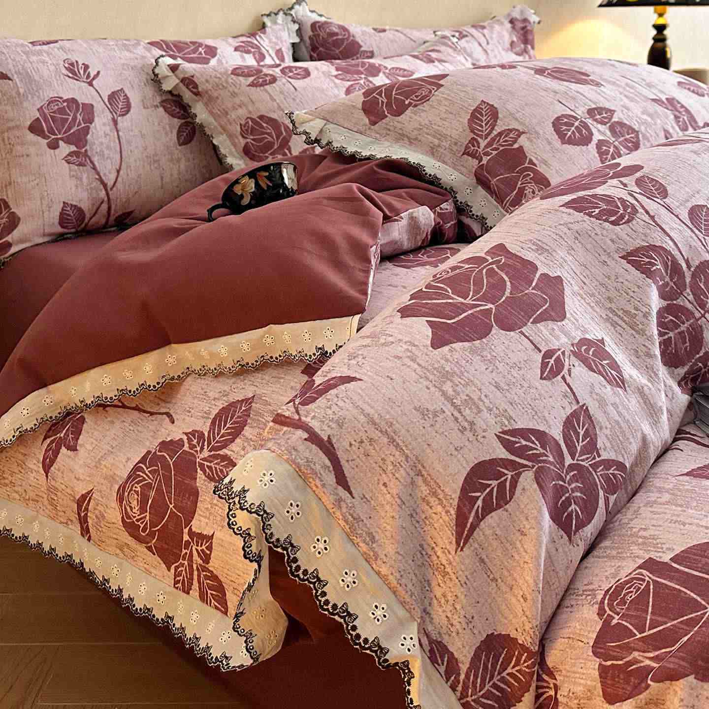 Brushed Cotton Rose Lace Bedding Set
