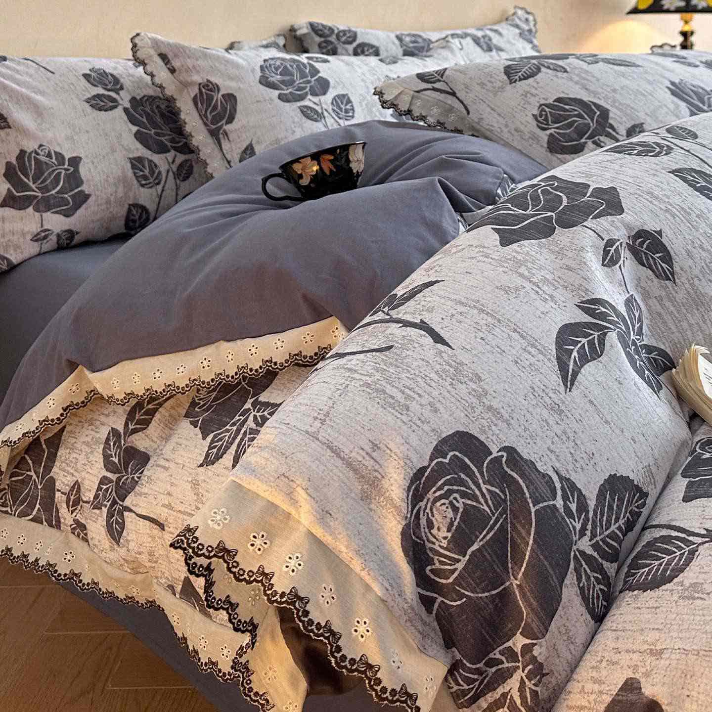 Brushed Cotton Rose Lace Bedding Set