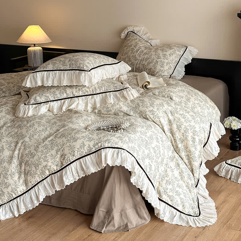 Elegant Floral Cotton Gauze Lace Bedding Set