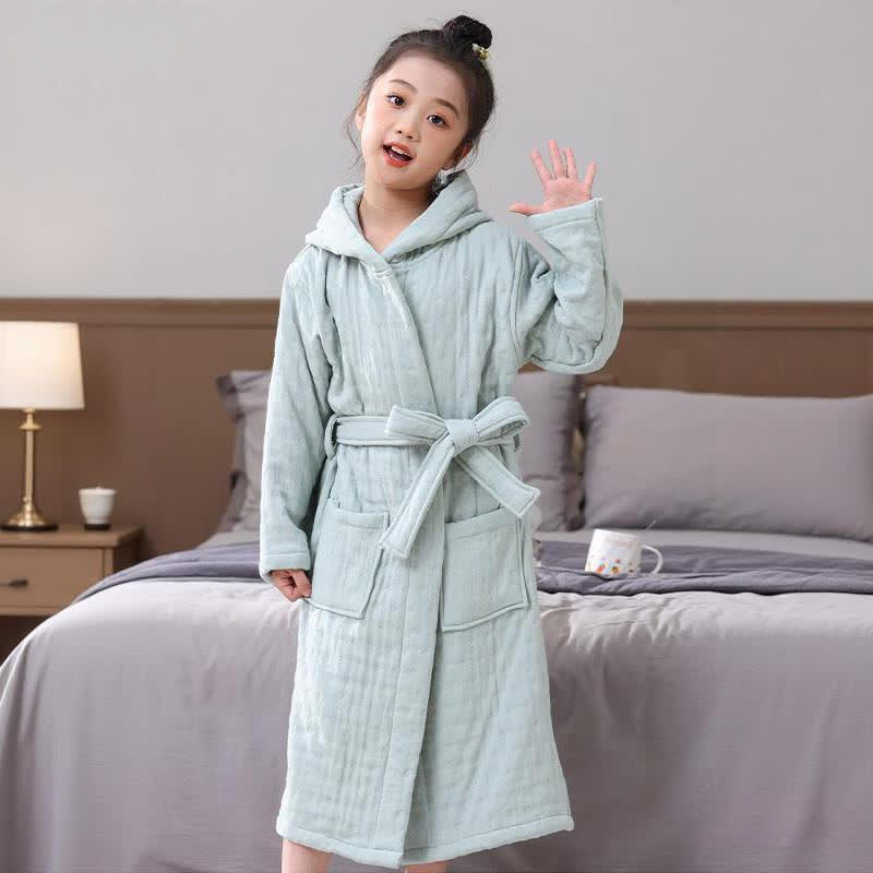Solid Cotton Gauze Hooded Child Bathrobe