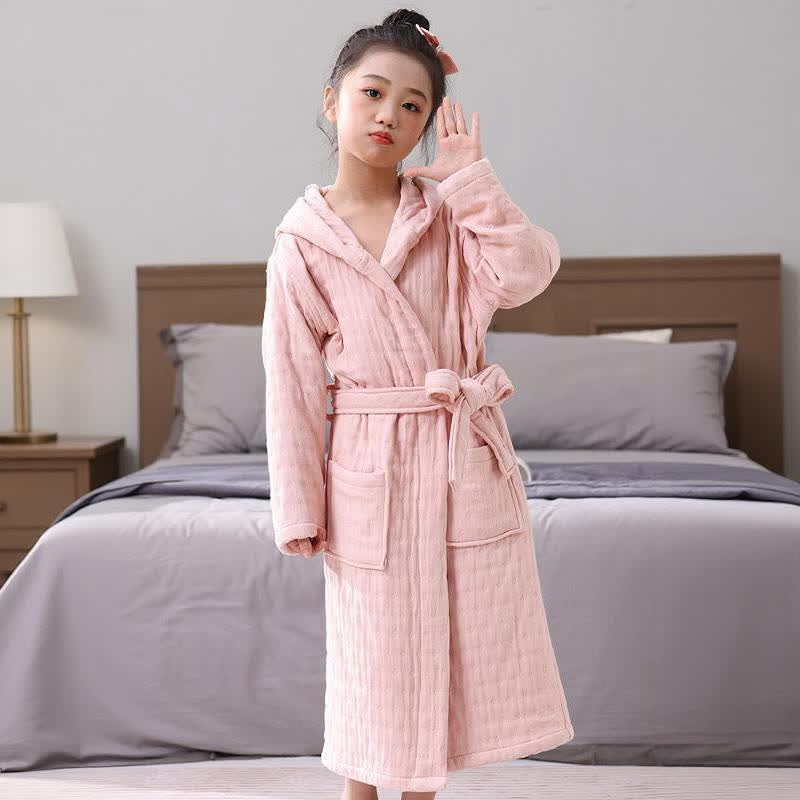 Solid Cotton Gauze Hooded Child Bathrobe