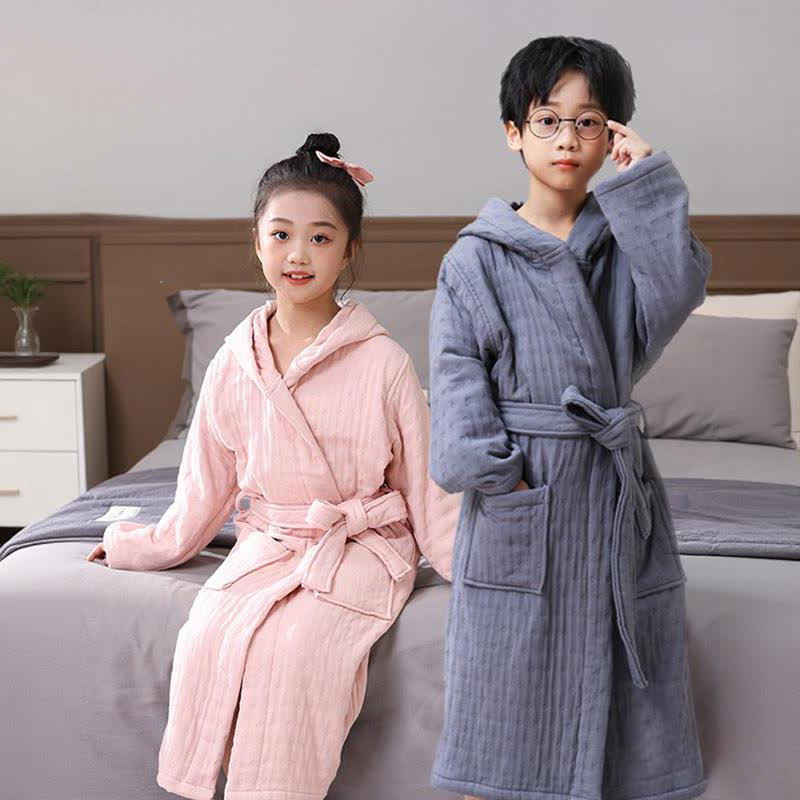 Solid Cotton Gauze Hooded Child Bathrobe
