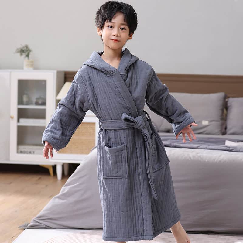 Solid Cotton Gauze Hooded Child Bathrobe