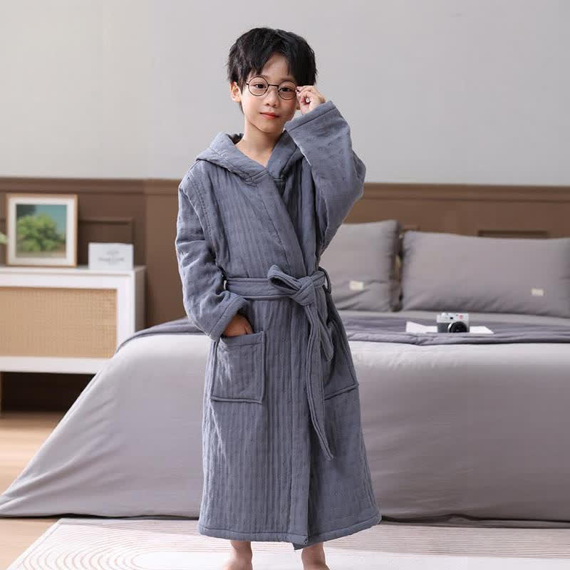 Solid Cotton Gauze Hooded Child Bathrobe