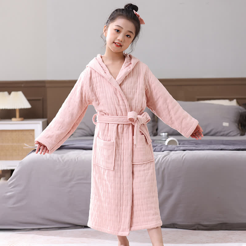 Solid Cotton Gauze Hooded Child Bathrobe