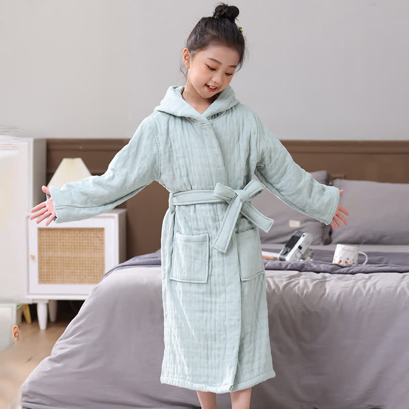 Solid Cotton Gauze Hooded Child Bathrobe
