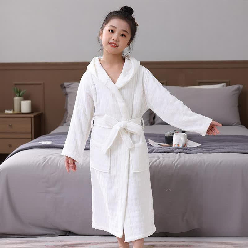 Solid Cotton Gauze Hooded Child Bathrobe