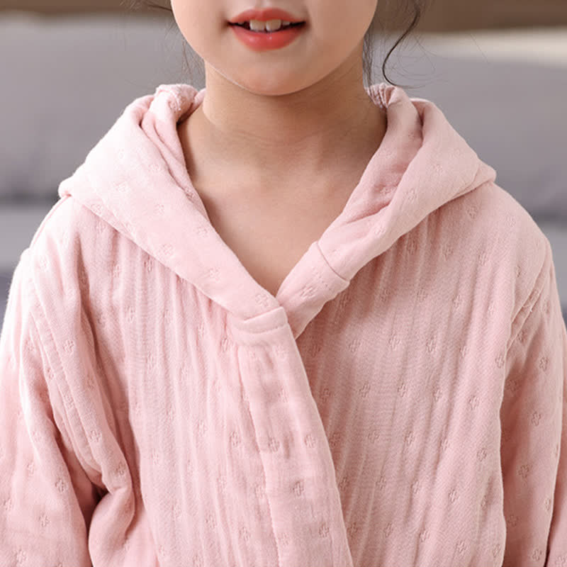 Solid Cotton Gauze Hooded Child Bathrobe