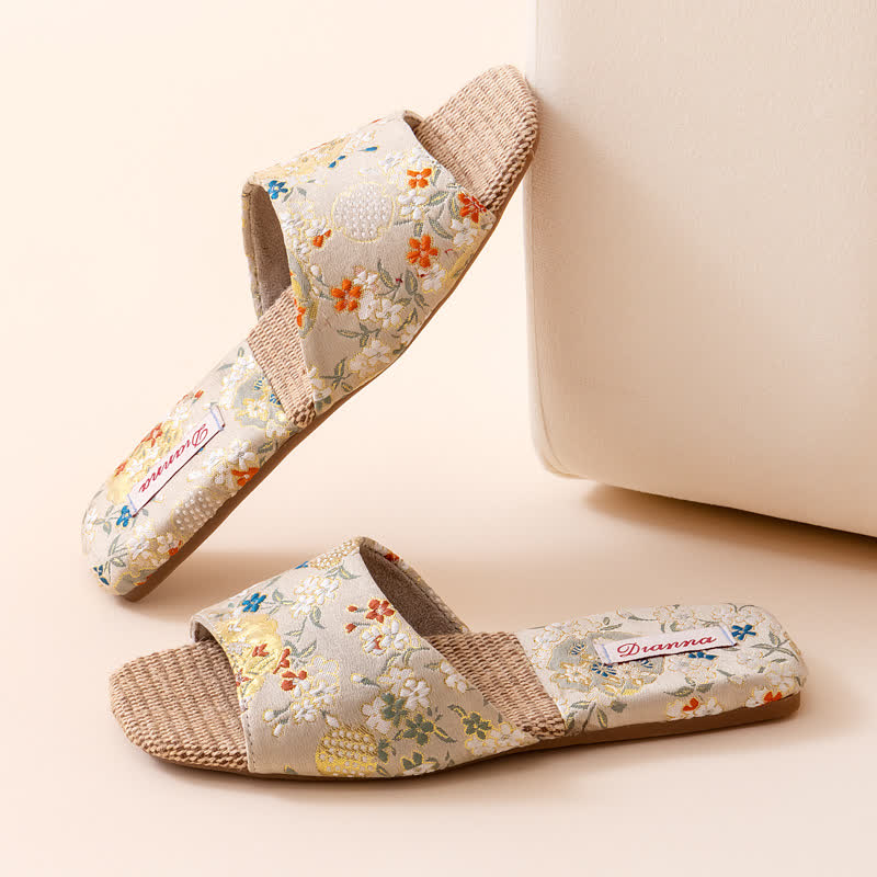 Floral Embroidered Linen House Slippers