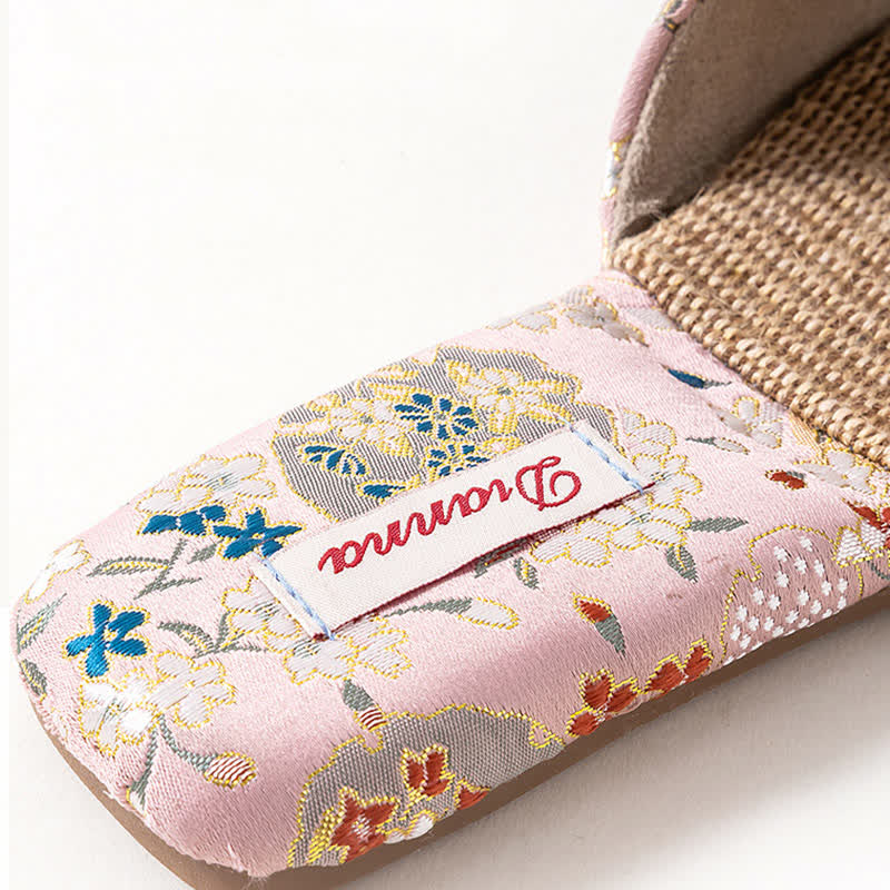 Floral Embroidered Linen House Slippers