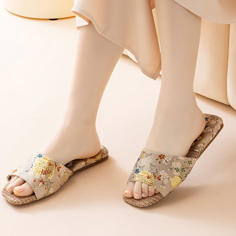Floral Embroidered Linen House Slippers