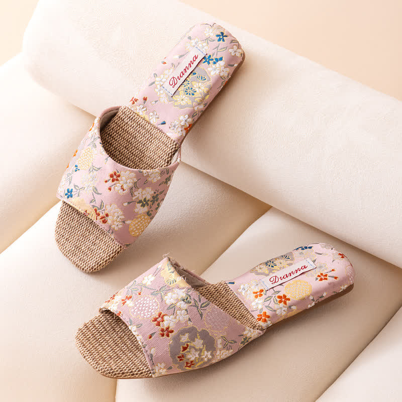 Floral Embroidered Linen House Slippers